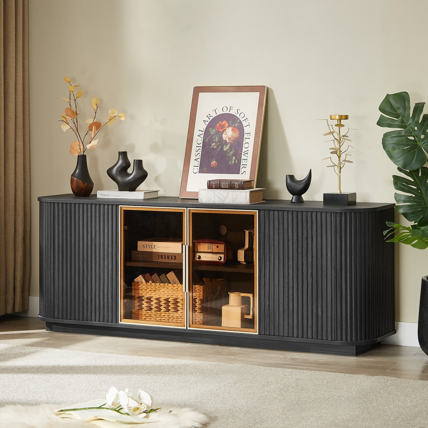 Modern 64-Inch Wavy TV Cabinet with LED Lights