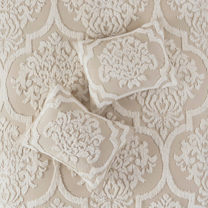 3 Piece Tufted Cotton Chenille Damask Comforter Set Taupe King/Cal King