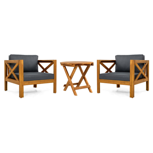 Patio Conversation Set with Foldable Acacia Wood Table and Cushioned Armchairs