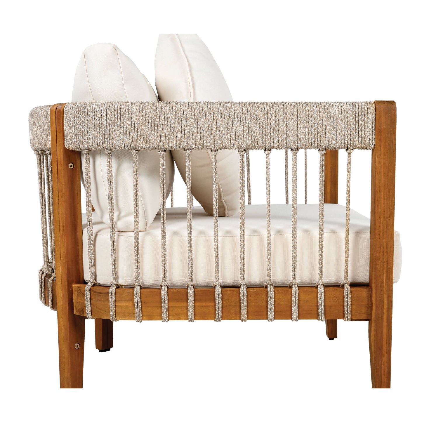 Acacia Wood Outdoor Club Chair with Handwoven Rope Accents & Curved Backrest