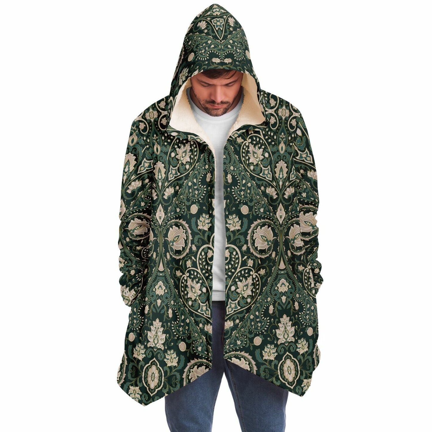 Green Persian Carpet Cuddle Cloak | Unisex Minky Sherpa Lined Coat with Hood, Zipper and Pockets | Women and Mens Festival Coat | Mountain Fashion