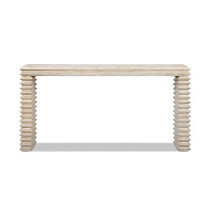 Veda 63' Reclaimed Wood Stacked Geometric Waterfall Console Table, Whitewashed Natural Reclaimed Pine Wood
