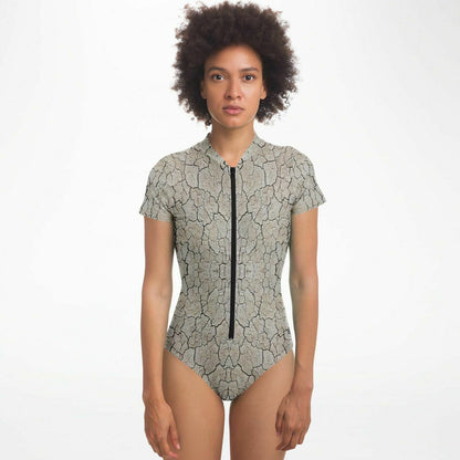 Black Rock City Short Sleeve Swimsuit | Full Piece Bodysuit | Front Zipper Bathing Suit | 50+ UPF Protection, UV Swimwear