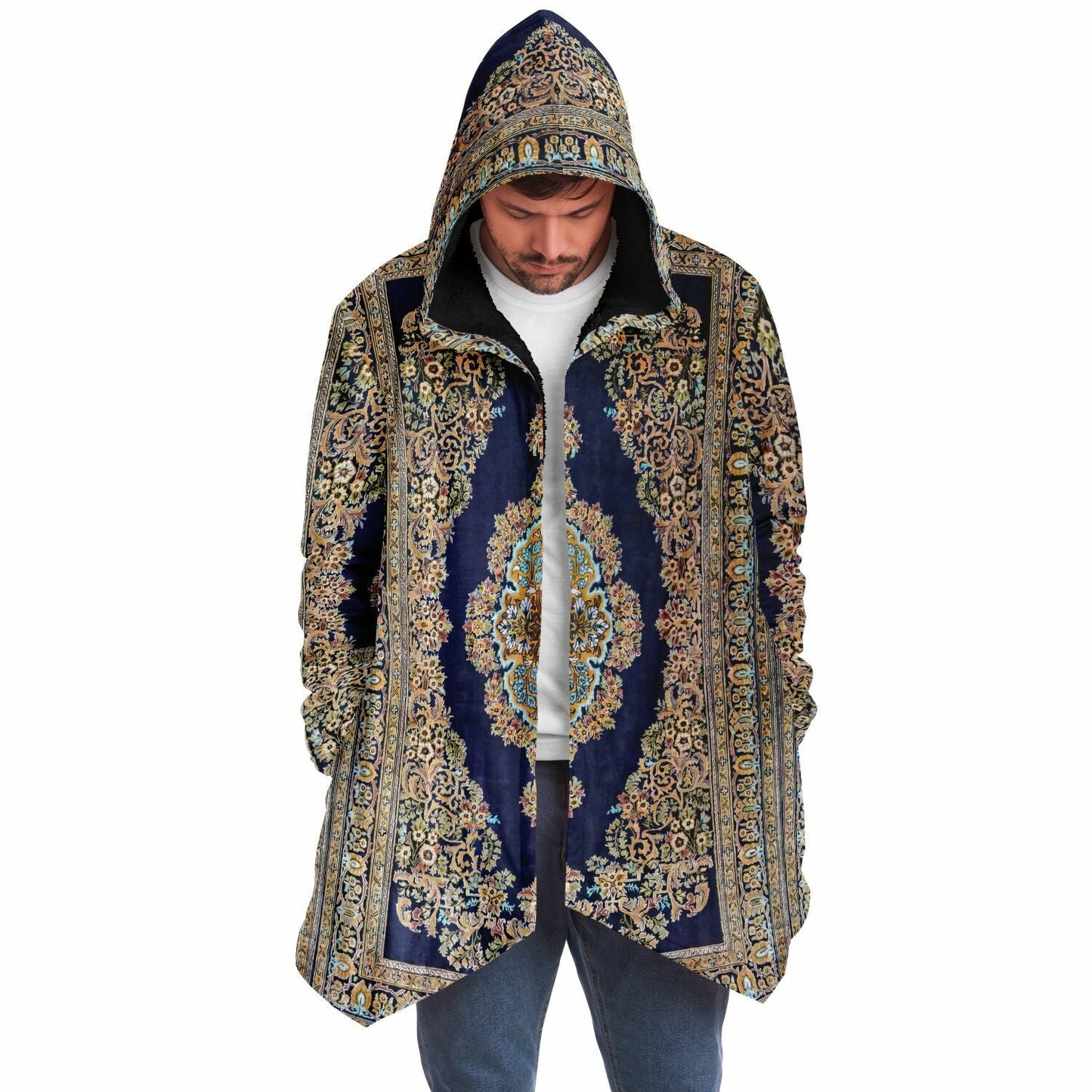 Classic Persian Carpet Cuddle Cloak | Qom, Blue and Gold | Unisex Minky Sherpa Hooded Coat | Women and Mens Festival Coat | Mountain Fashion