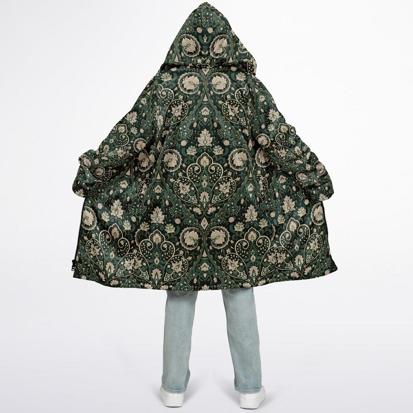 Green Persian Carpet Cuddle Coat | Unisex Minky Sherpa Lined Coat with Hood, Zipper and Pockets | Women and Mens Festival Coat | Mountain Fashion