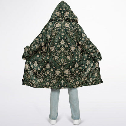 Green Persian Carpet Cuddle Coat | Unisex Minky Sherpa Lined Coat with Hood, Zipper and Pockets | Women and Mens Festival Coat | Mountain Fashion
