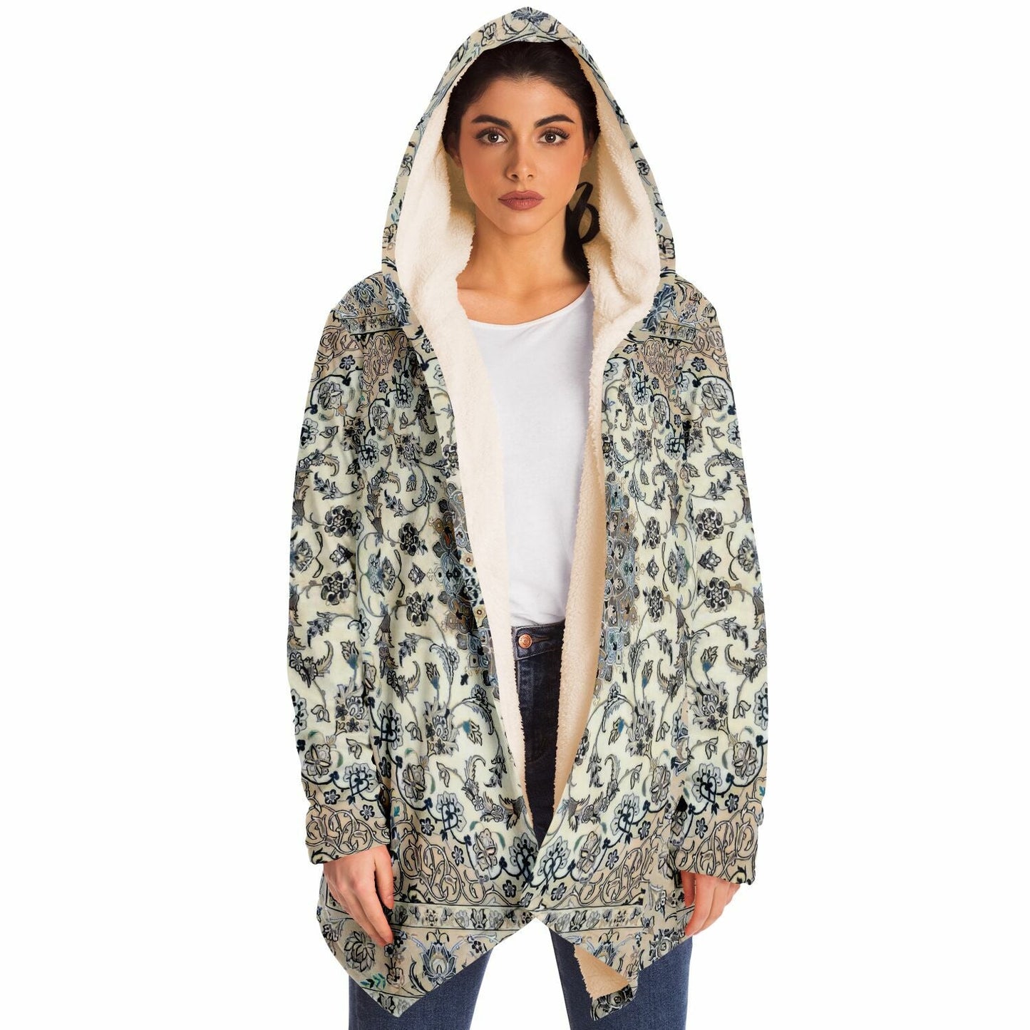 Classic Persian Carpet Cuddle Cloak | Nain, Cream and Soft Blue | Unisex Minky Sherpa Hooded Coat | Women and Mens Festival Coat | Mountain Fashion