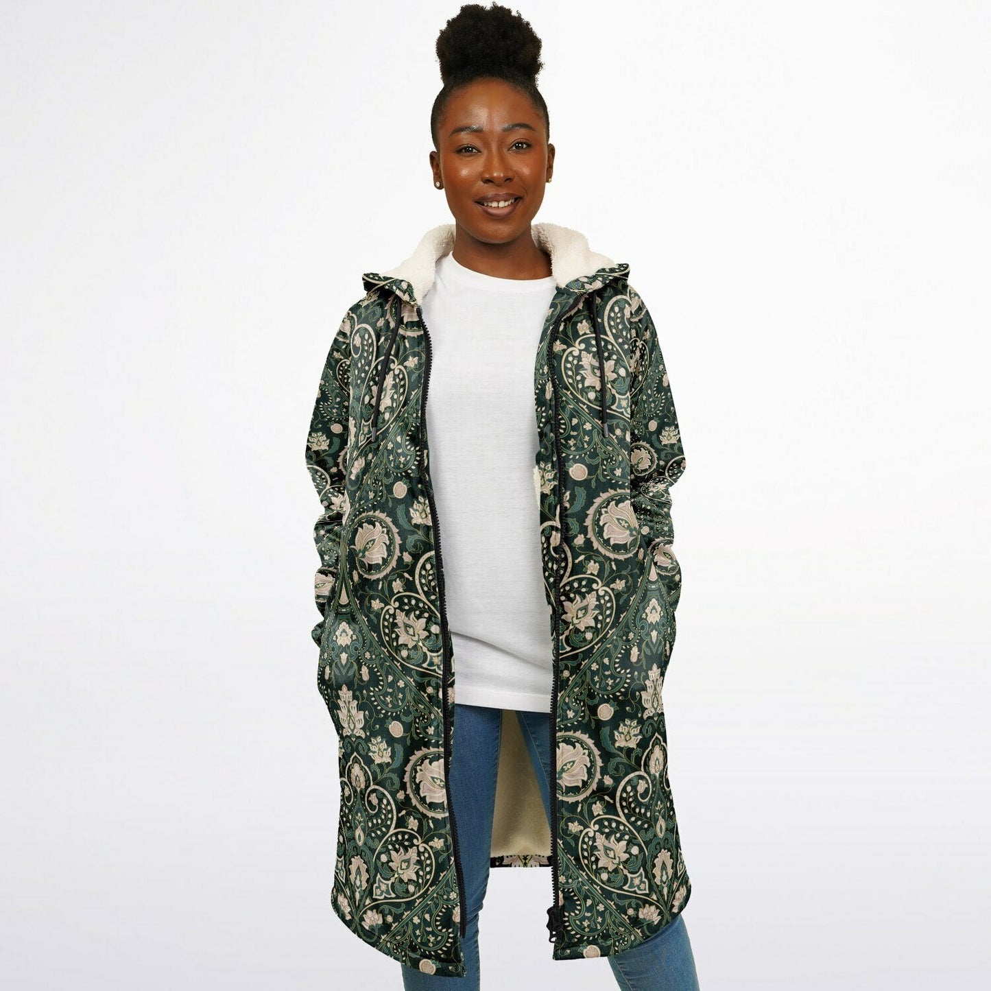 Green Persian Carpet Cuddle Coat | Unisex Minky Sherpa Lined Coat with Hood, Zipper and Pockets | Women and Mens Festival Coat | Mountain Fashion