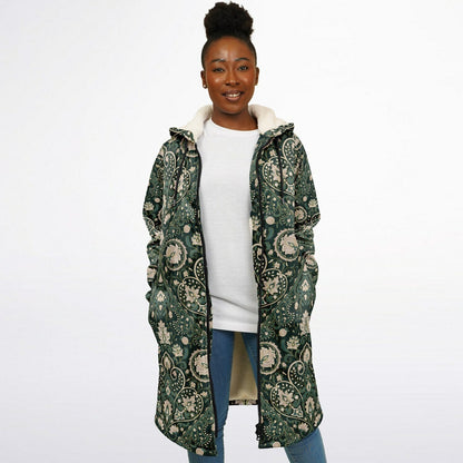 Green Persian Carpet Cuddle Coat | Unisex Minky Sherpa Lined Coat with Hood, Zipper and Pockets | Women and Mens Festival Coat | Mountain Fashion