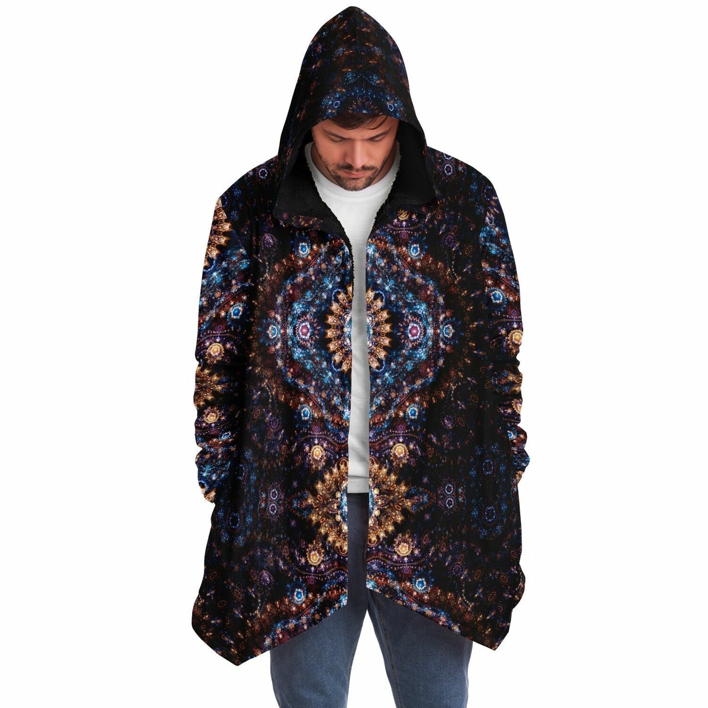 Cosmic Plane Cuddle Cloak | Unisex Minky Sherpa Lined Hooded Coat | Women and Mens Festival Coat | Mountain Fashion