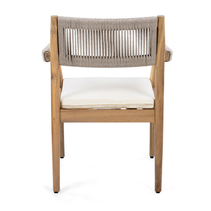 Braided Acacia Wood Outdoor Dining Chairs Set of 2 – Teak Look with Beige Rope & Cream Cushions