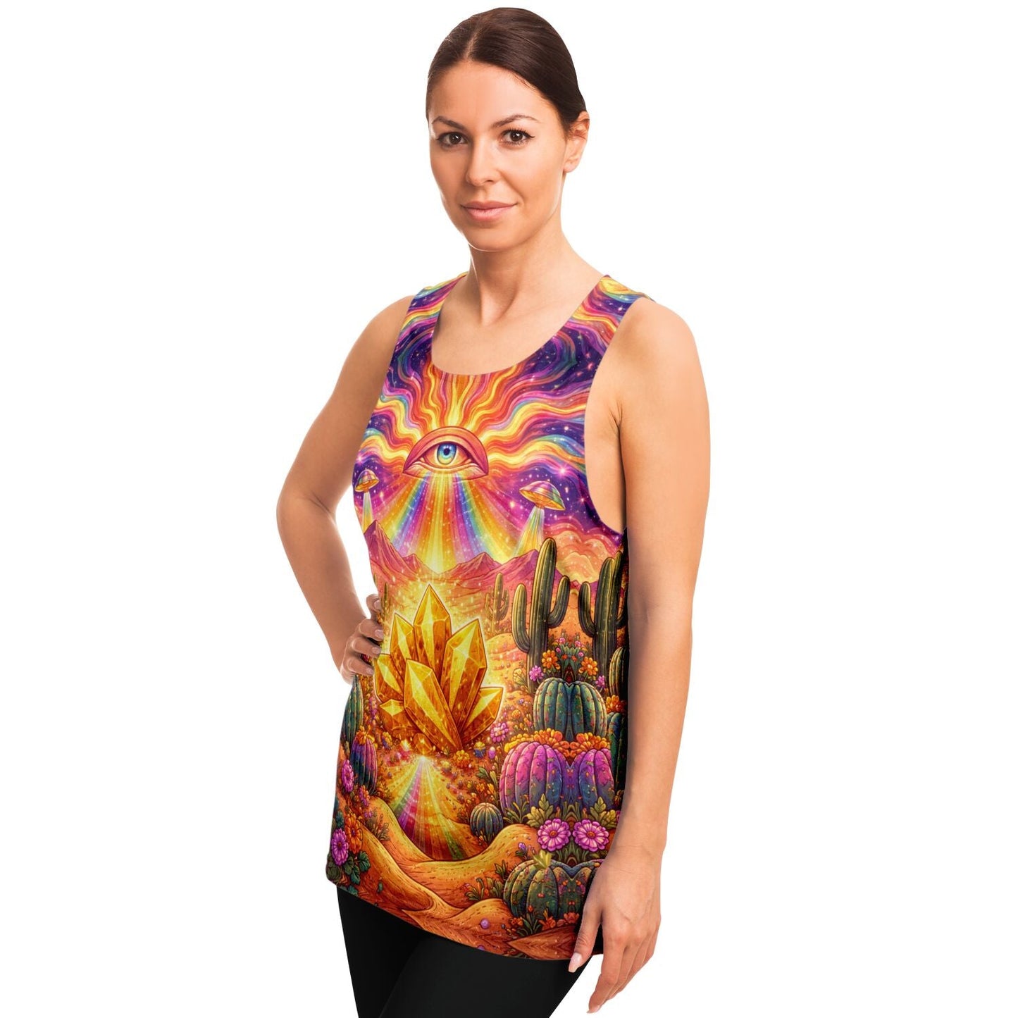 Psychedelic Desert Eye Tank Top – Festival Rave Shirt with Gold Crystal & Cosmic Print