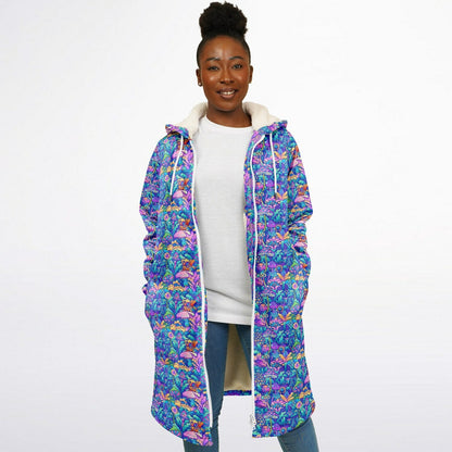 Psychedelic Mushrooms Cuddle Coat | Unisex Minky Sherpa Lined Coat with Hood, Zipper and Pockets | Women and Mens Festival Coat | Mountain Fashion