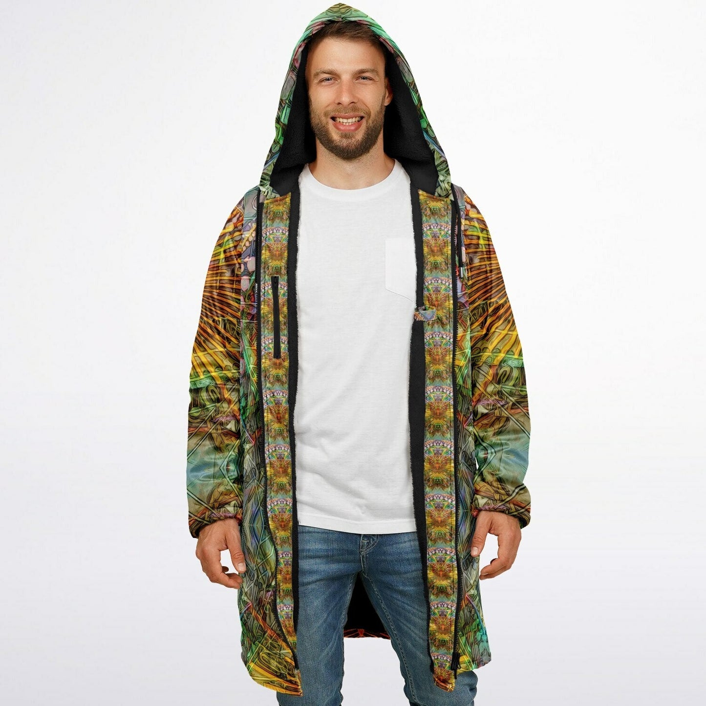 Lotus Guardian Cuddle Coat | Unisex Minky Sherpa Lined Coat with Hood, Zipper and Pockets | Women and Mens Festival Coat | Mountain Fashion