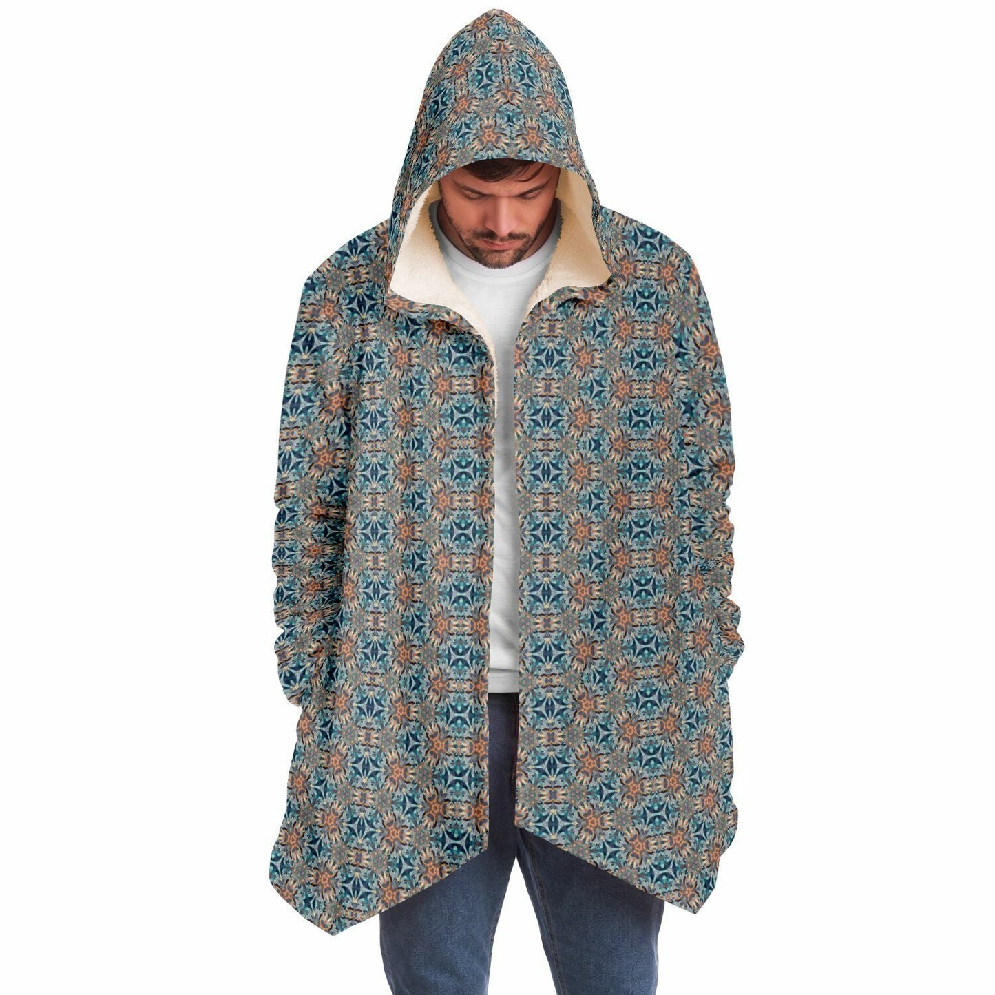 Mystic Mirror Cuddle Cloak |  Orange, Blue Face | Unisex Minky Sherpa Lined Hooded Coat | Women and Mens Festival Coat | Mountain Fashion