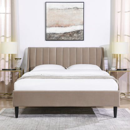 Aspen Vertical Tufted Modern Headboard Platform Bed Set, Queen, Mink Beige Performance Velvet