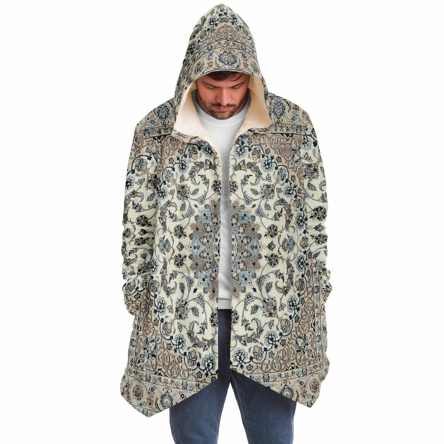 Classic Persian Carpet Cuddle Cloak | Nain, Cream and Soft Blue | Unisex Minky Sherpa Hooded Coat | Women and Mens Festival Coat | Mountain Fashion
