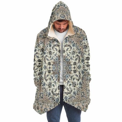 Classic Persian Carpet Cuddle Cloak | Nain, Cream and Soft Blue | Unisex Minky Sherpa Hooded Coat | Women and Mens Festival Coat | Mountain Fashion