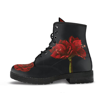 Amaryllis Flower  Memory Foam Boots | All Season Lace Up Boots | Vegan Leather Combat Boot