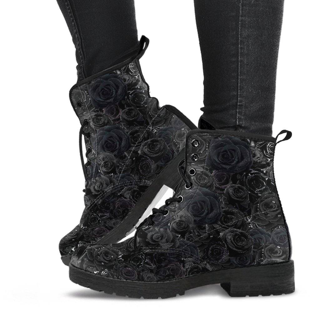 Black Roses Dew Drops  Memory Foam Boots | All Season Lace Up Boots | Vegan Leather Combat Boot
