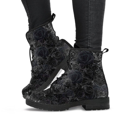 Black Roses Dew Drops  Memory Foam Boots | All Season Lace Up Boots | Vegan Leather Combat Boot