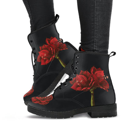 Amaryllis Flower  Memory Foam Boots | All Season Lace Up Boots | Vegan Leather Combat Boot