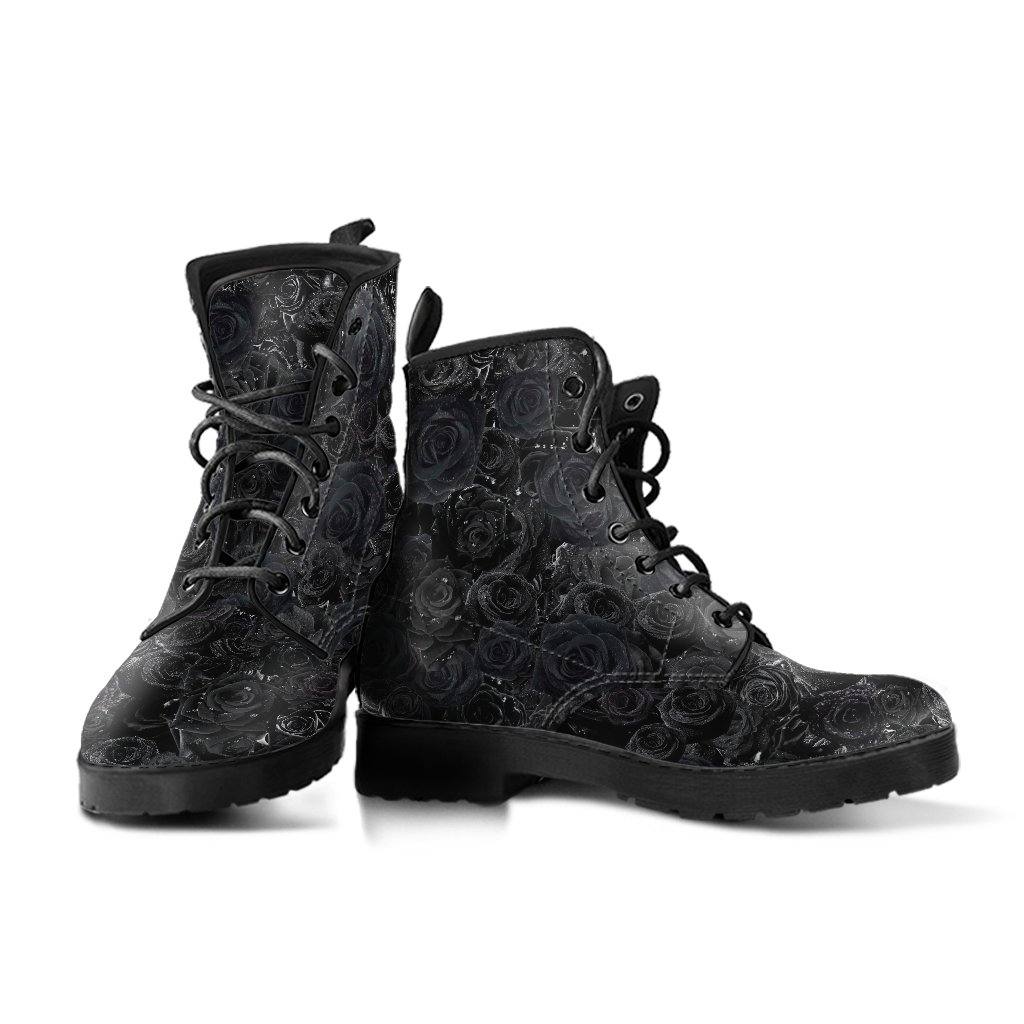 Black Roses Dew Drops  Memory Foam Boots | All Season Lace Up Boots | Vegan Leather Combat Boot
