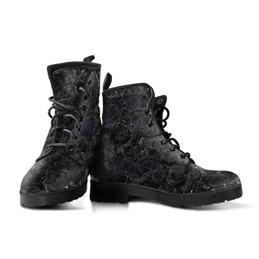 Black Roses Dew Drops  Memory Foam Boots | All Season Lace Up Boots | Vegan Leather Combat Boot