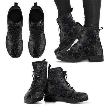 Black Roses Dew Drops  Memory Foam Boots | All Season Lace Up Boots | Vegan Leather Combat Boot