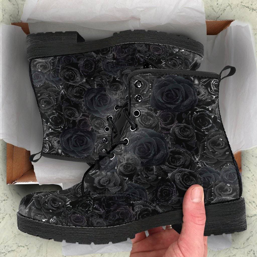 Black Roses Dew Drops  Memory Foam Boots | All Season Lace Up Boots | Vegan Leather Combat Boot