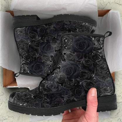 Black Roses Dew Drops  Memory Foam Boots | All Season Lace Up Boots | Vegan Leather Combat Boot