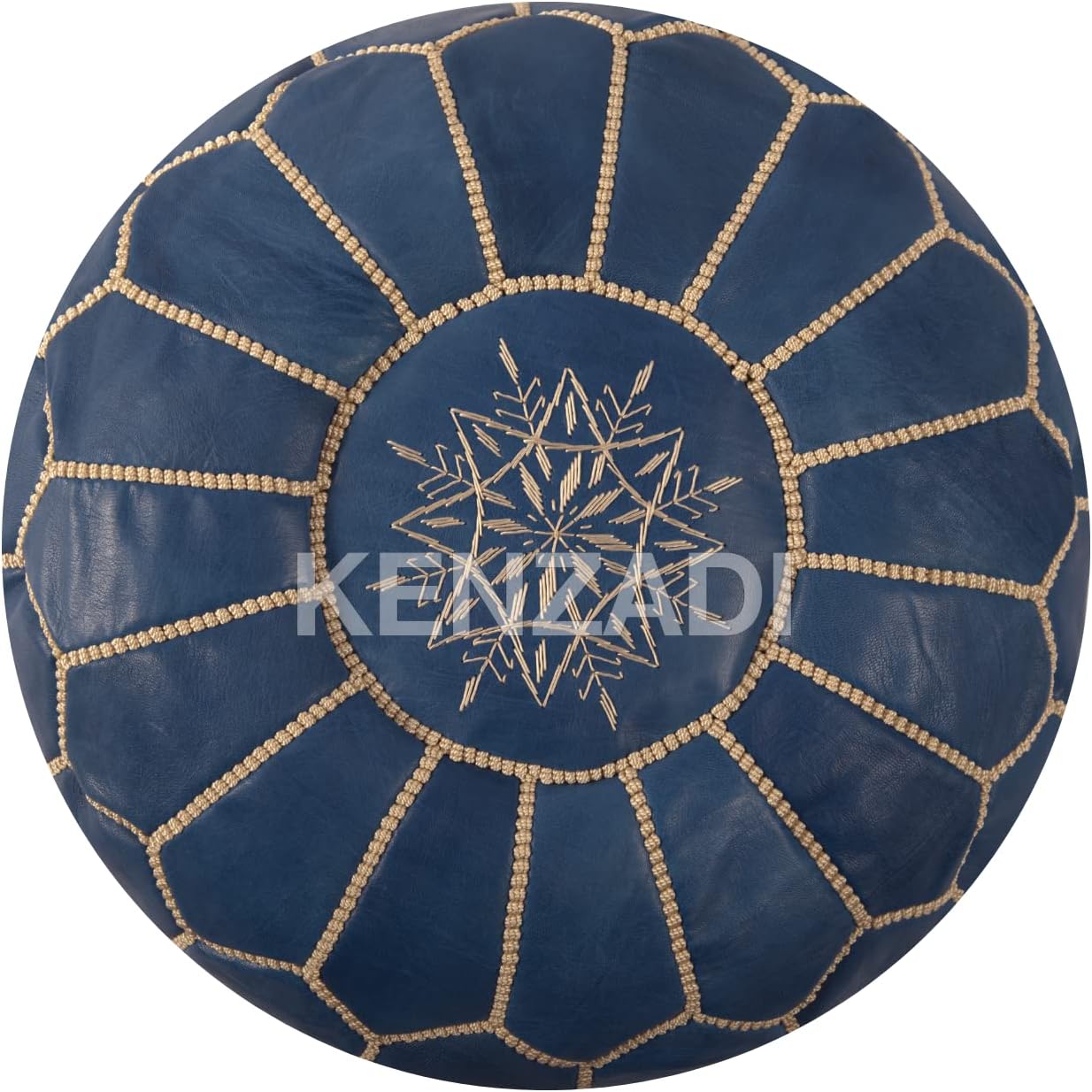 Genuine Leather Pouf Stuffed Handmade Stitched in Marrakech by Moroccan Artisans (Blue by Beige)
