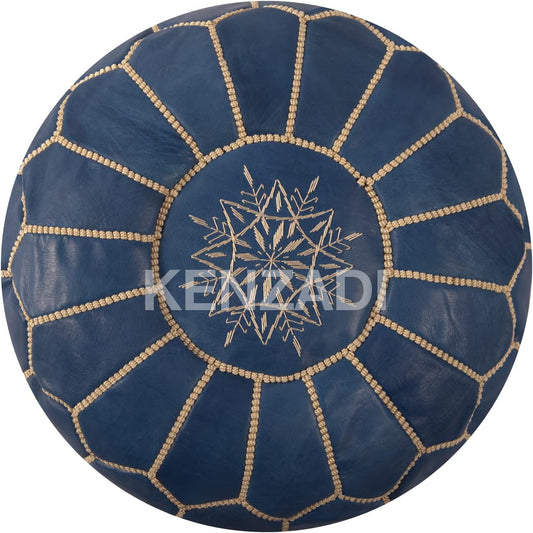 Genuine Leather Pouf Stuffed Handmade Stitched in Marrakech by Moroccan Artisans (Blue by Beige)