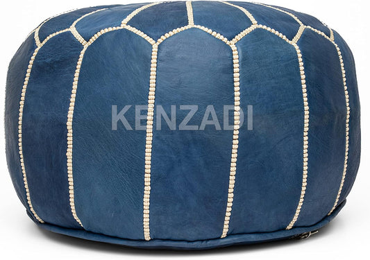Genuine Leather Pouf Stuffed Handmade Stitched in Marrakech by Moroccan Artisans (Blue Jean)