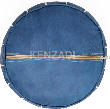 Genuine Leather Pouf Stuffed Handmade Stitched in Marrakech by Moroccan Artisans (Blue Jean)
