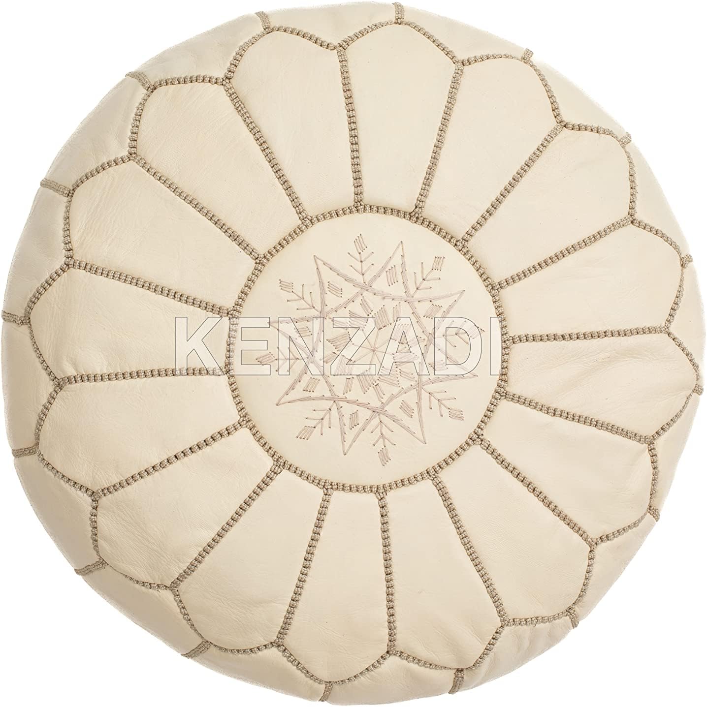 Genuine Leather Pouf Stuffed Handmade Stitched in Marrakech by Moroccan Artisans (Creamy White)