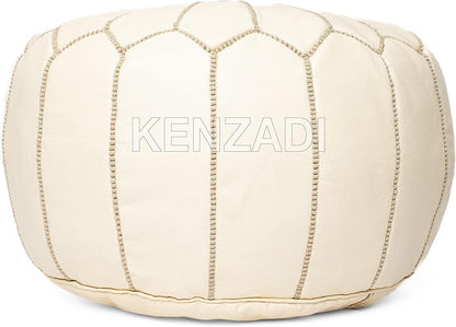 Genuine Leather Pouf Stuffed Handmade Stitched in Marrakech by Moroccan Artisans (Creamy White)