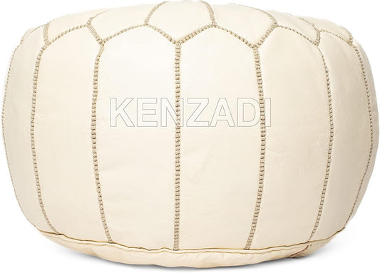 Genuine Leather Pouf Stuffed Handmade Stitched in Marrakech by Moroccan Artisans (Creamy White)