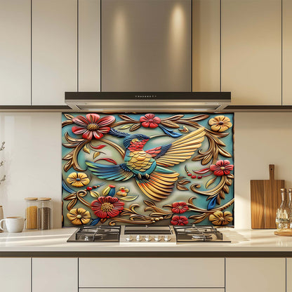 Feathered Rhapsody Tempered Glass Backsplash – Vibrant Bird & Floral Kitchen Backsplash