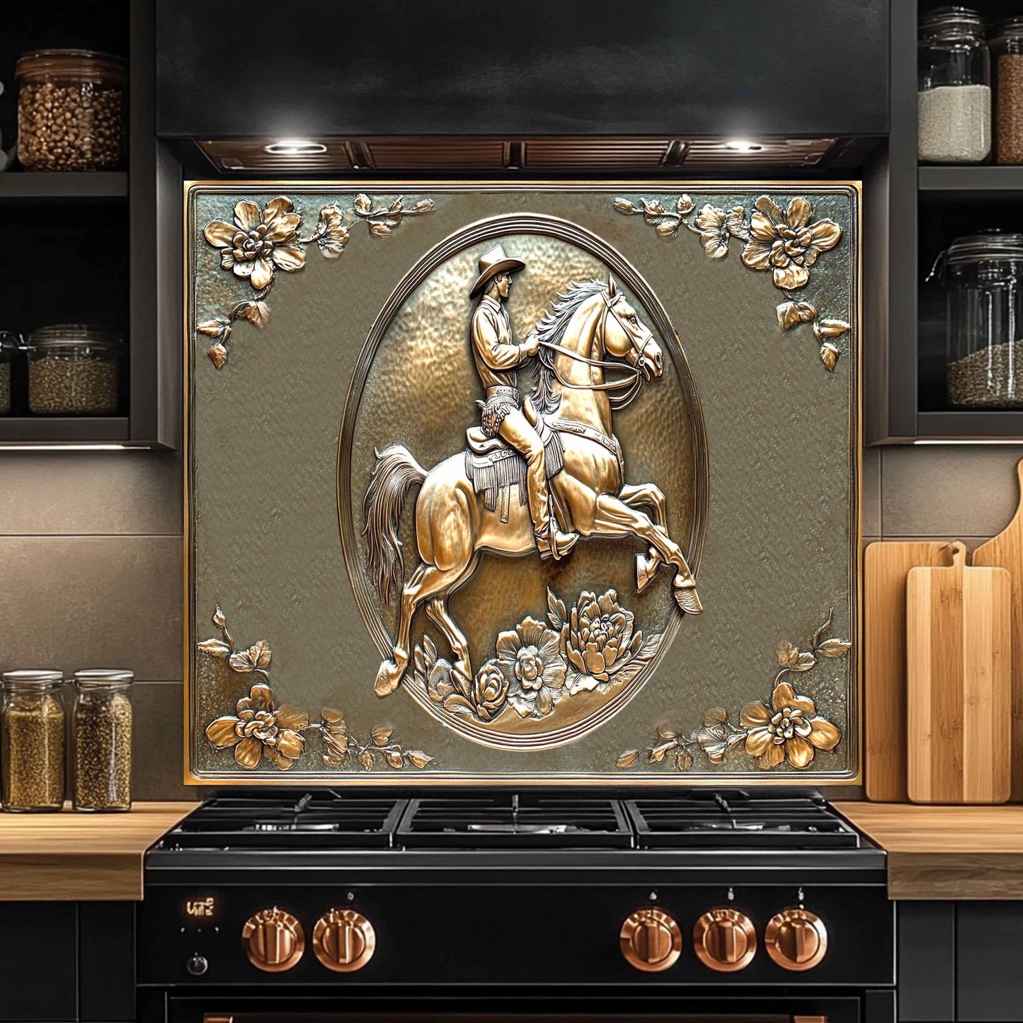 Copper Rider Tempered Glass Backsplash – Western Cowboy Kitchen Stove Backsplash
