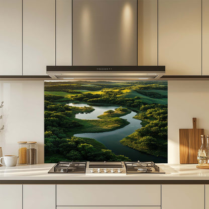 Emerald Flow – Tempered Glass Backsplash for Kitchen | Serene River Landscape Backsplash