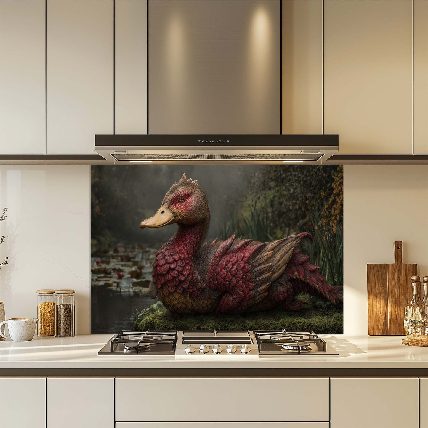 Dragonbill – Tempered Glass Backsplash for Kitchen | Mythical Duck-Dragon Backsplash