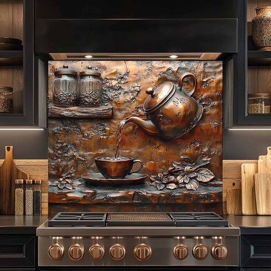 Herbal Tea Tempered Glass Backsplash – Copper Look Rustic Backsplash for Kitchen