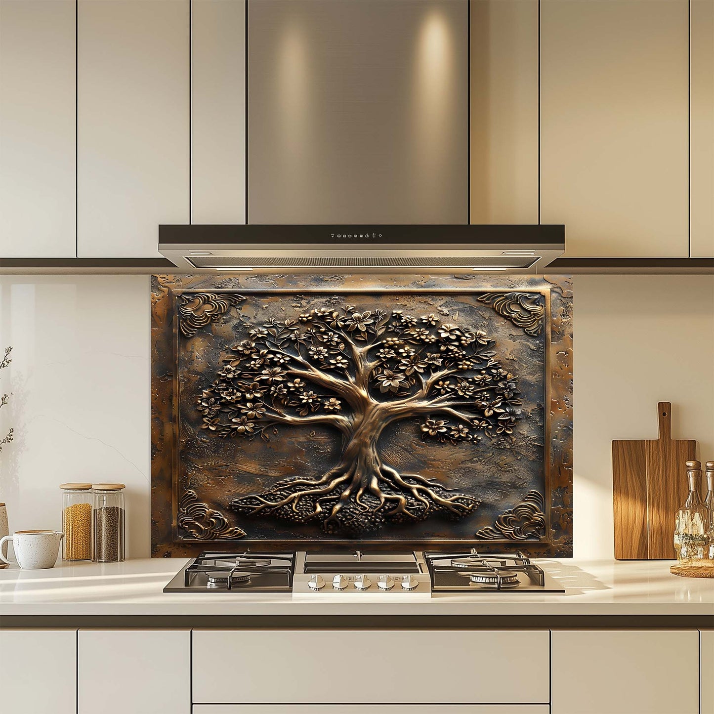 Floral Roots – Tempered Glass Backsplash for Kitchen Stove | Copper Look Tree of Life Backsplash