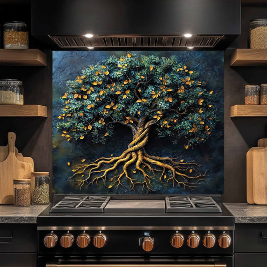 Golden Roots Kitchen Backsplash – Tempered Glass Backsplash for Kitchen Walls