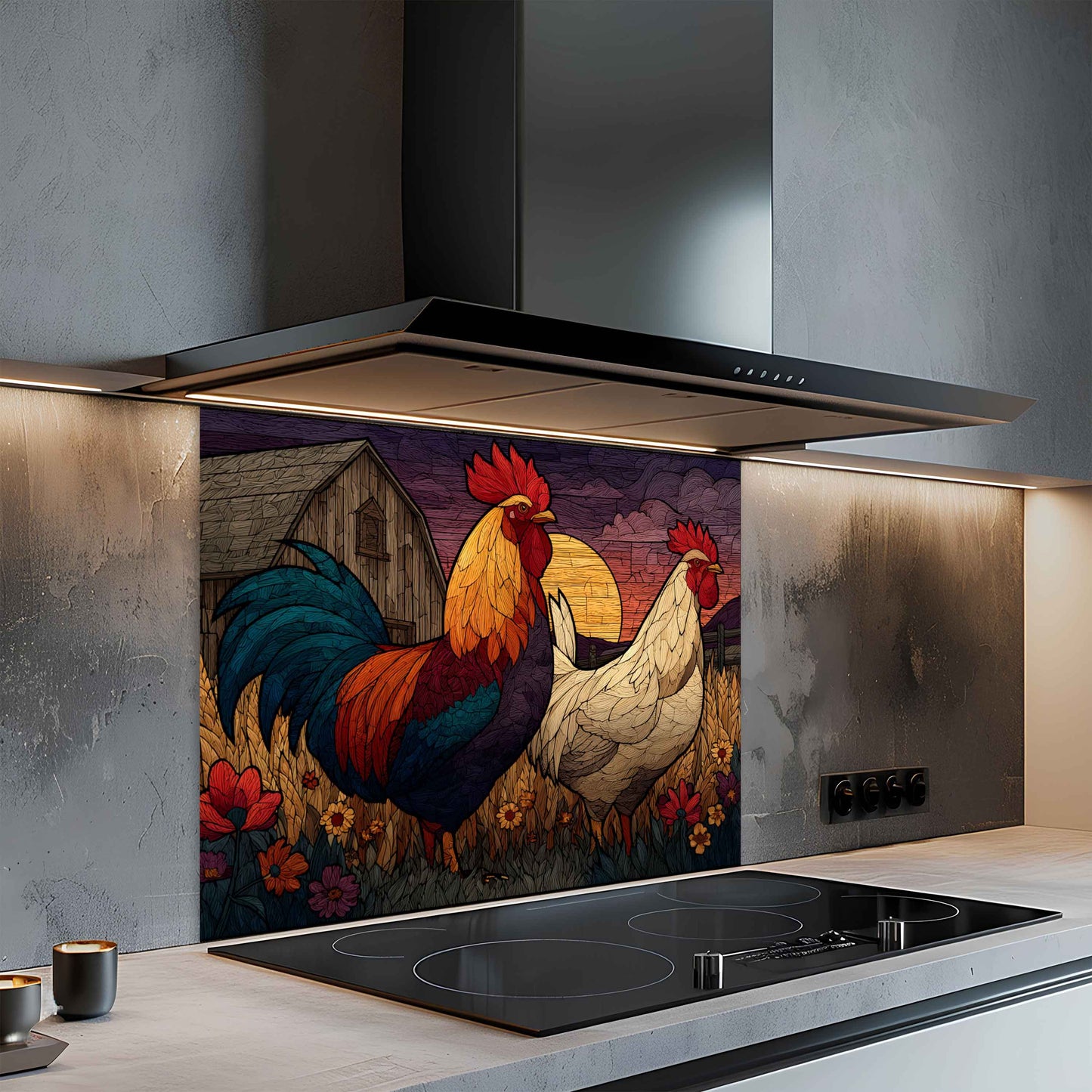Tempered Glass Backsplash for Kitchen | Rustic Rooster and Hen Farm Scene Design