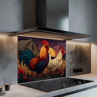 Tempered Glass Backsplash for Kitchen | Rustic Rooster and Hen Farm Scene Design