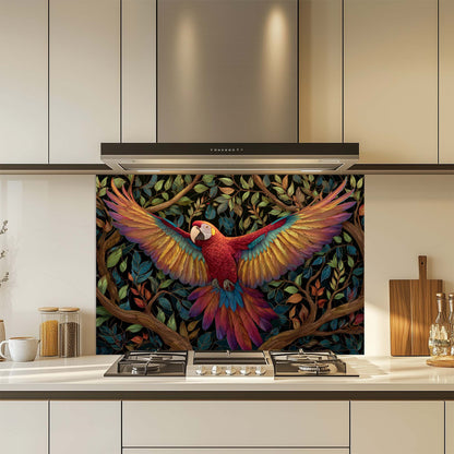 Crimson Wings – Tempered Glass Backsplash for Kitchen Stove | Parrot Jungle Backsplash