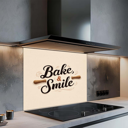 Bake & Smile – Tempered Glass Backsplash for Kitchen – Rustic Bakery Quote Splashback