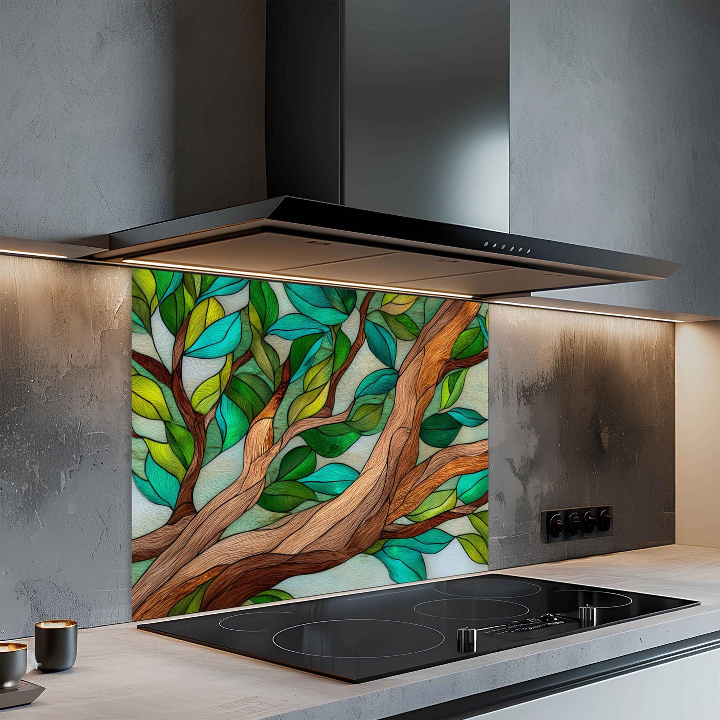 Forest Embrace – Tempered Glass Backsplash for Kitchen | Nature-Inspired Stained Glass